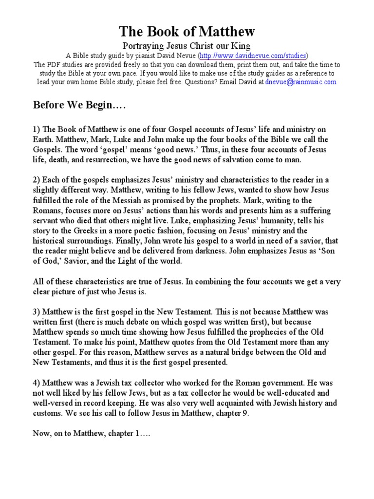 Study Guide for the Book of Matthew | PDF | Jesus | Gospel Of Matthew
