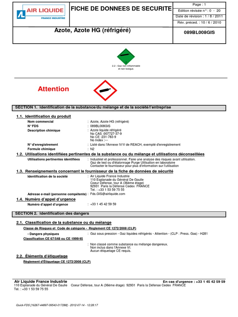 Fiche de sécurité : Azote liquide réfrigéré | PDF