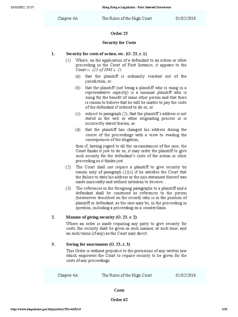 Security for Costs and Taxation of Costs Provisions Regarding Costs