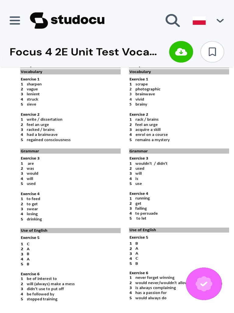 Focus 4 2E Unit Test Vocabulary Grammar Uo E Unit1 Group A B Answers ...