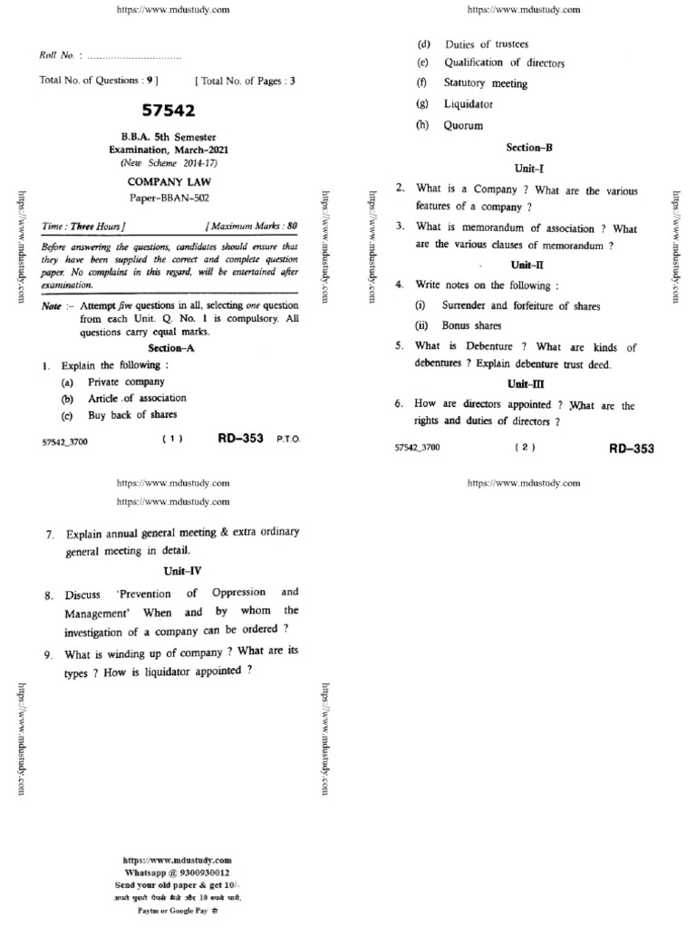 Bba 5 Sem Company Law 57542 Mar 2021 | PDF