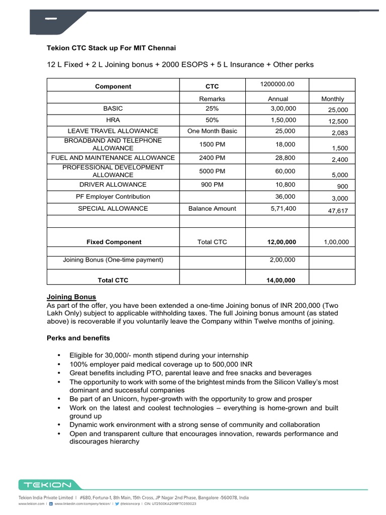 Tekion India CTC and Benefits Overview | PDF | Employee Benefits ...