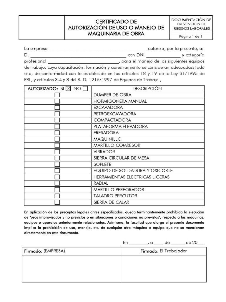 Autorizacion Uso de Maquinaria - Generico | PDF