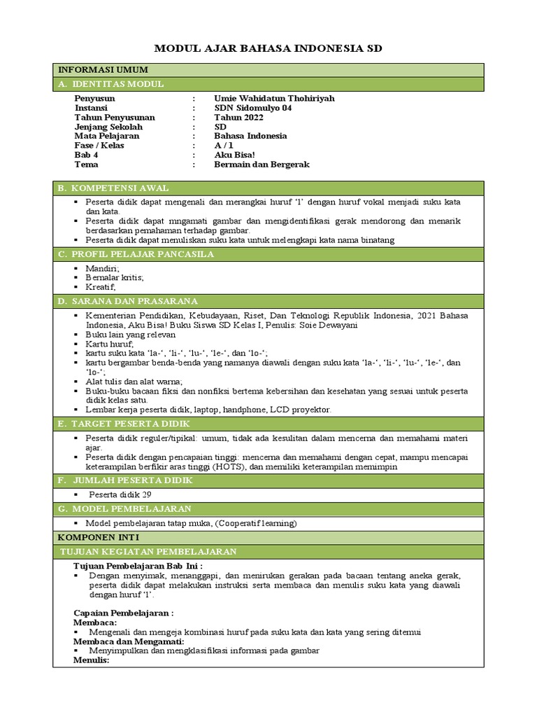 Modul Ajar Bahasa Indonesia SD Kelas 1 | PDF | Karier & Perkembangan ...