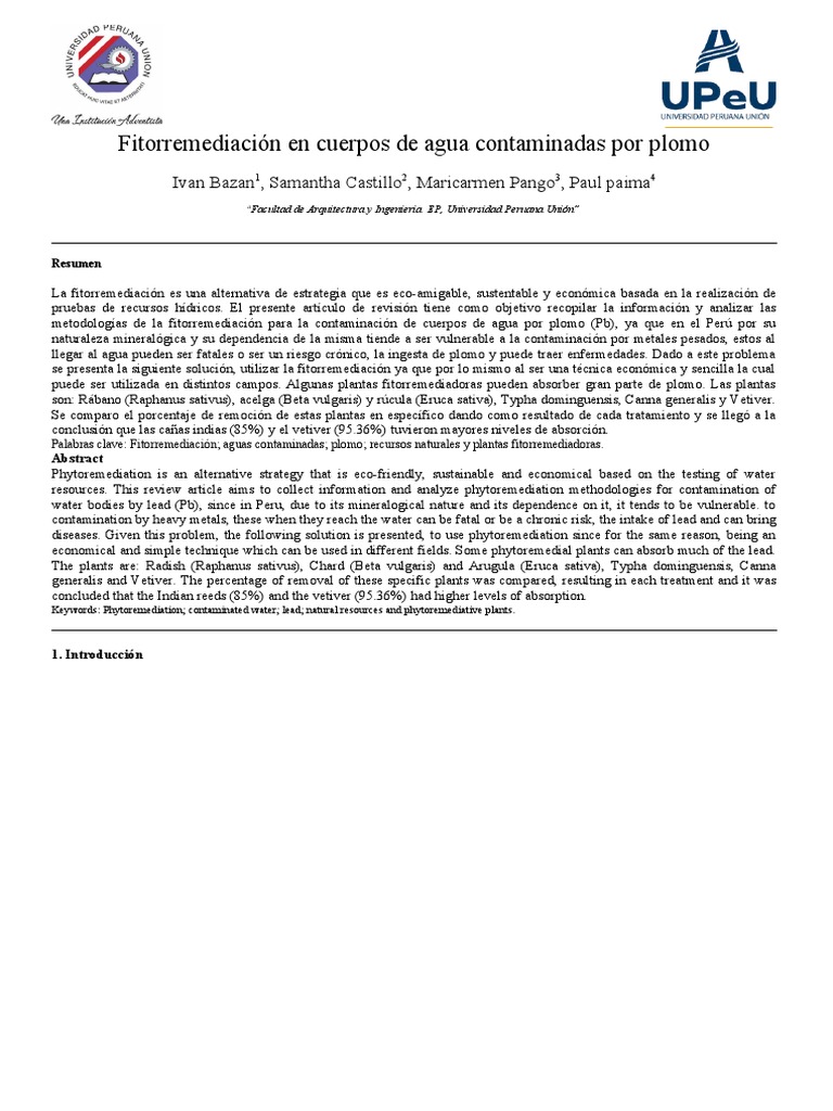 Fitorremediación En Cuerpos De Agua Contaminadas Por Plomo Pdf Agua