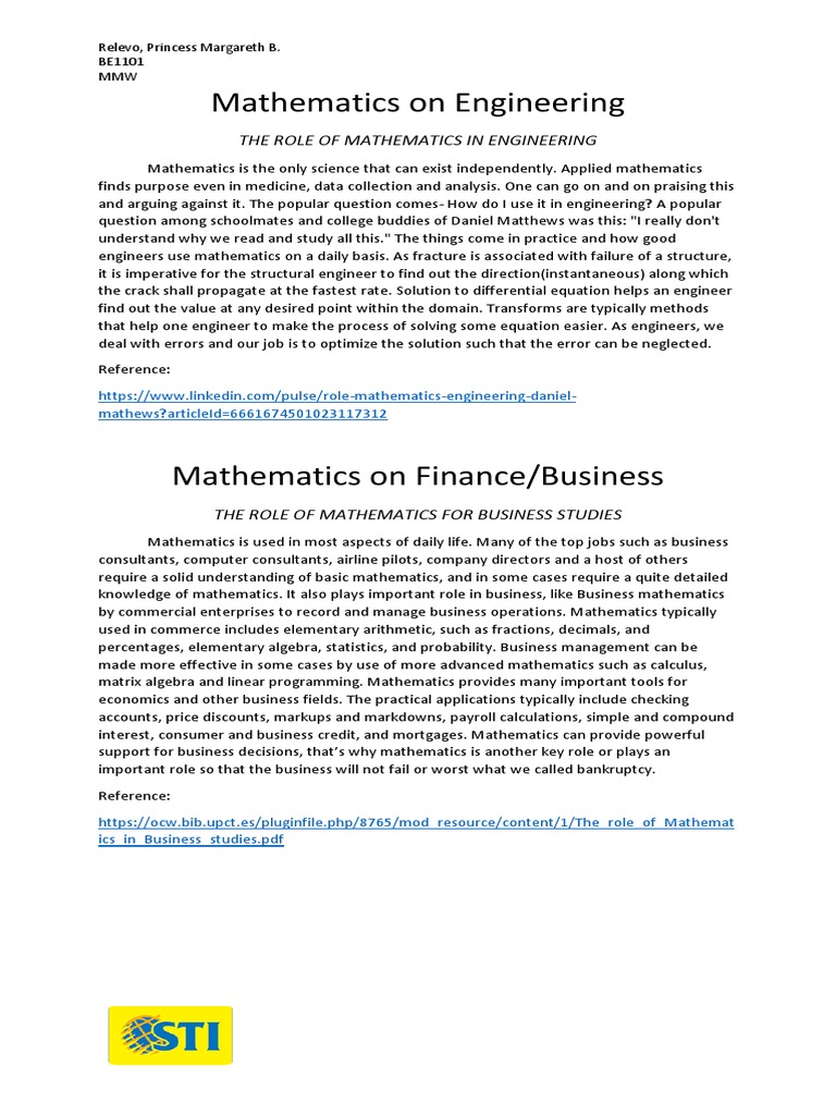 Importance of Mathematics in Engineering and Business | PDF ...