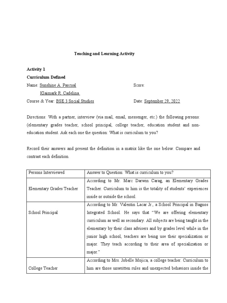 Teaching and Learning Activity PDF