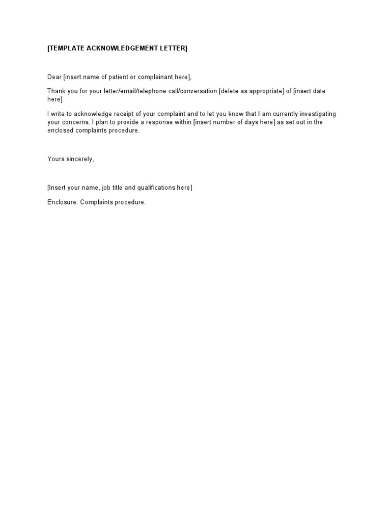 Complaint Acknowledgement Letter Template PDF