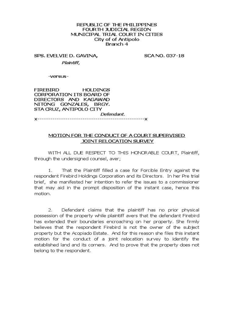 Motion for Relocation Survey in Antipolo | PDF | Common Law | Government
