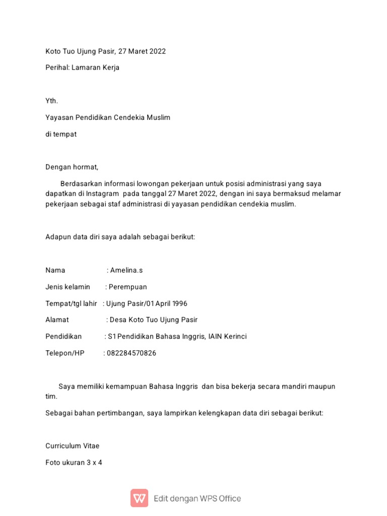 Surat Lamaran Kerja Pertamina | PDF