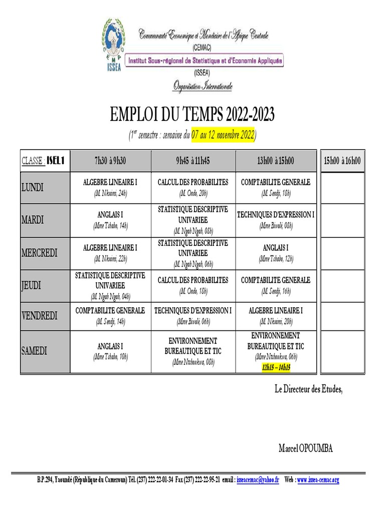 Emploi du Temps ISEA-CEMAC Nov 2022 | PDF | Âge de l'information ...