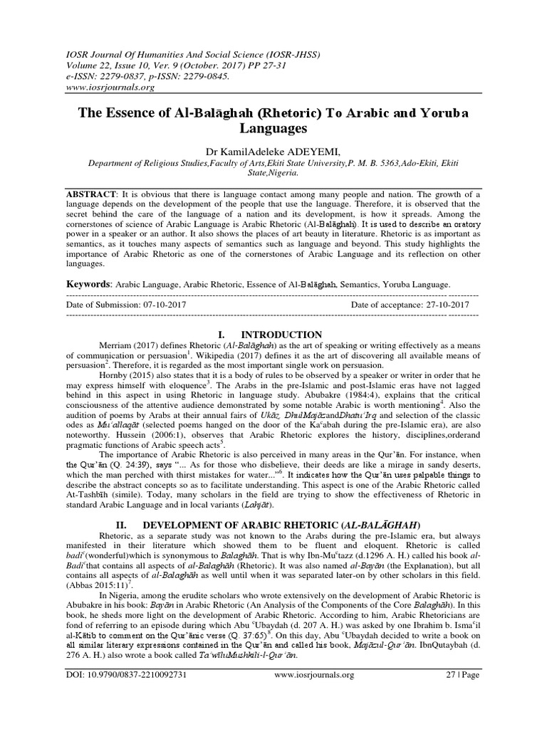 The Essence of Al-Balāghah (Rhetoric) To Arabic and Yoruba Languages ...