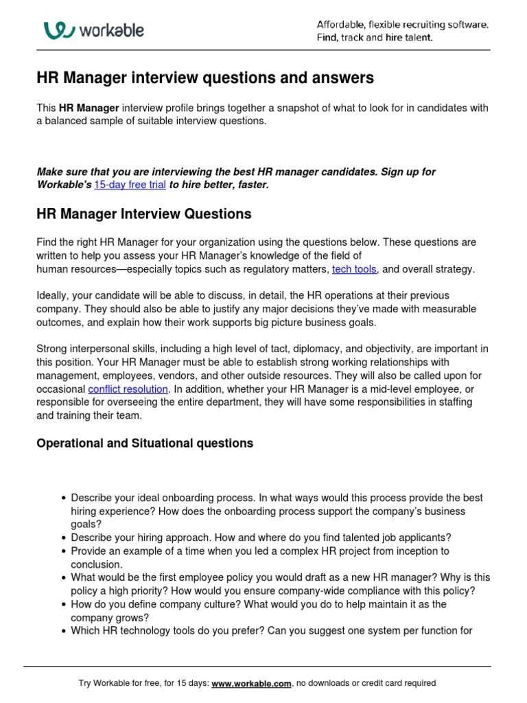 Hr Manager Interview Questions Pdf Human Resources Employment
