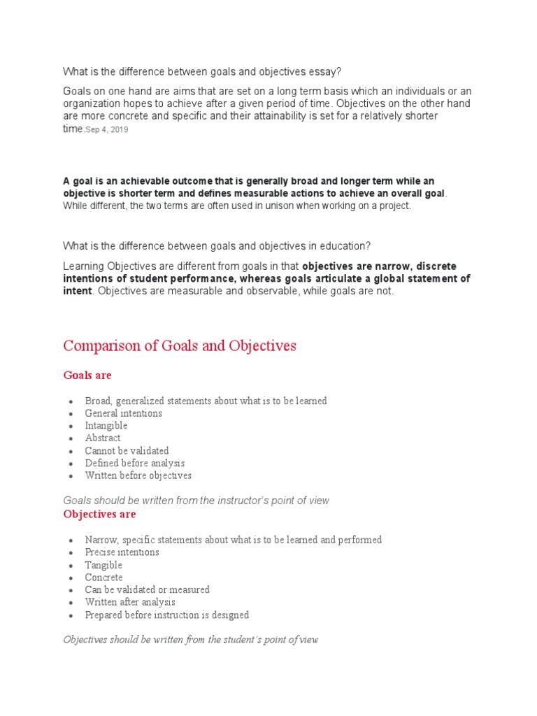 What is the difference between goals and objectives essay pdf