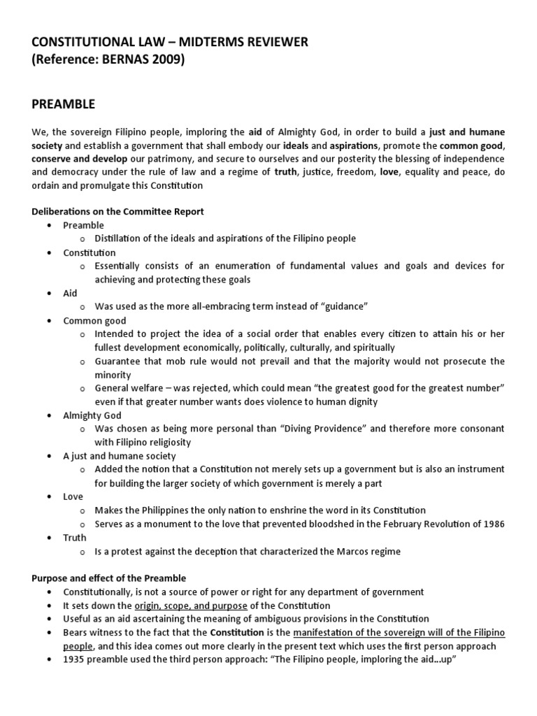 Bernas 1987 Constitution Summary Preamble To Article 9 | PDF ...