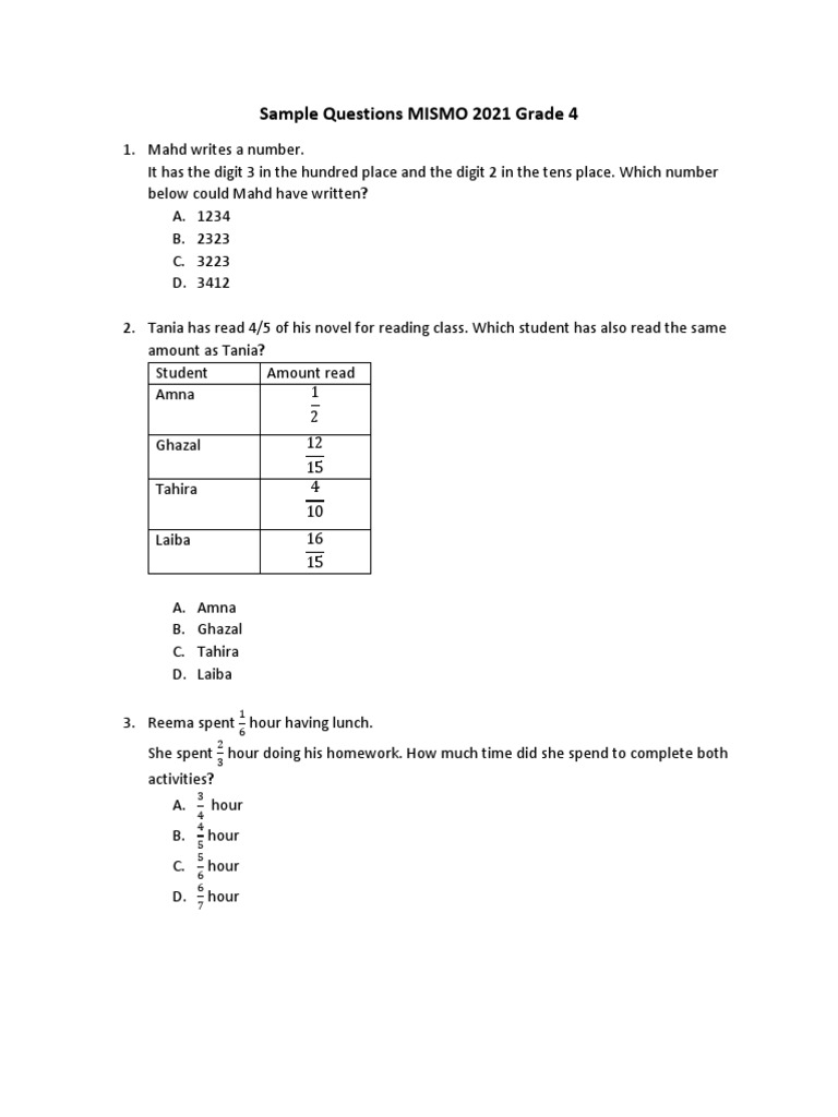 Grade 4 Maths Sample Questions | PDF | Triangle | Mathematics