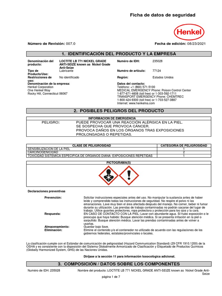 Hoja Msds de Loctite Lb771 PDF Agua Administración de Seguridad y