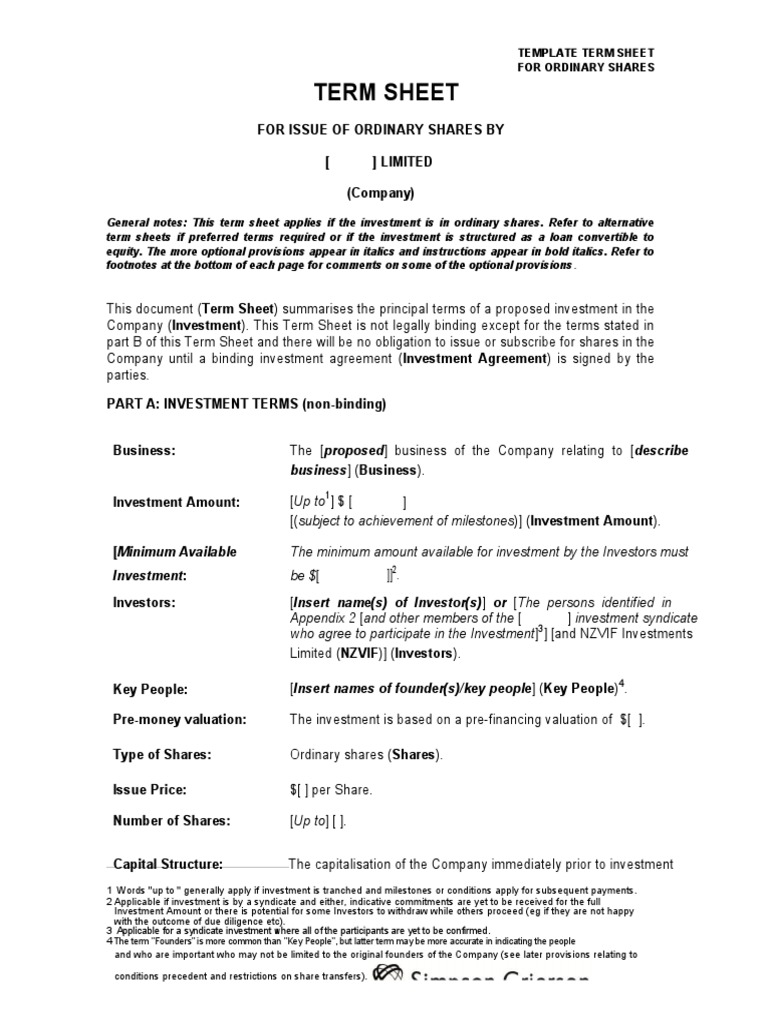 Investment Term Sheet Template | PDF | Stocks | Investing
