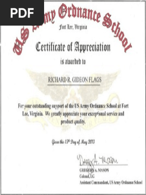 Army Ordnance School Appreciation Certificate