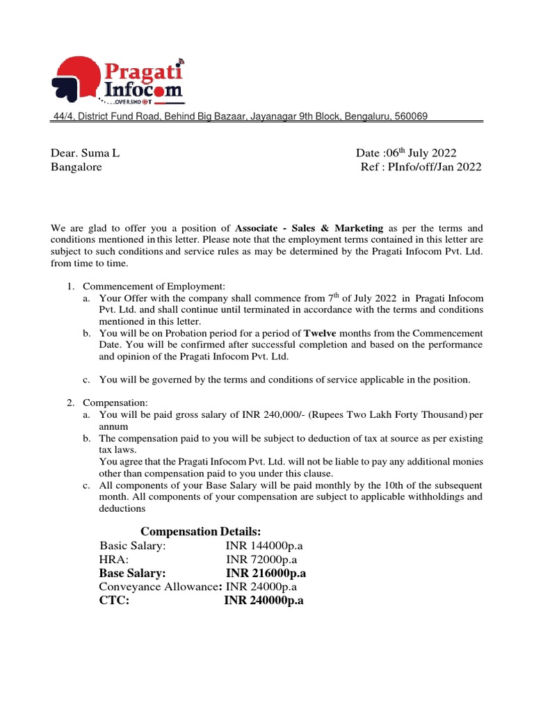 Pragati Infocom Job Offer Letter | PDF | Patent | Probation