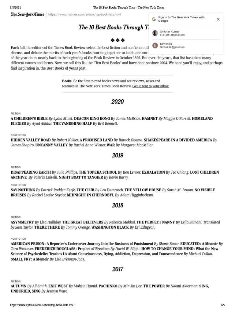 The 10 Best Books Through Time The New York Times PDF Writers American Literature