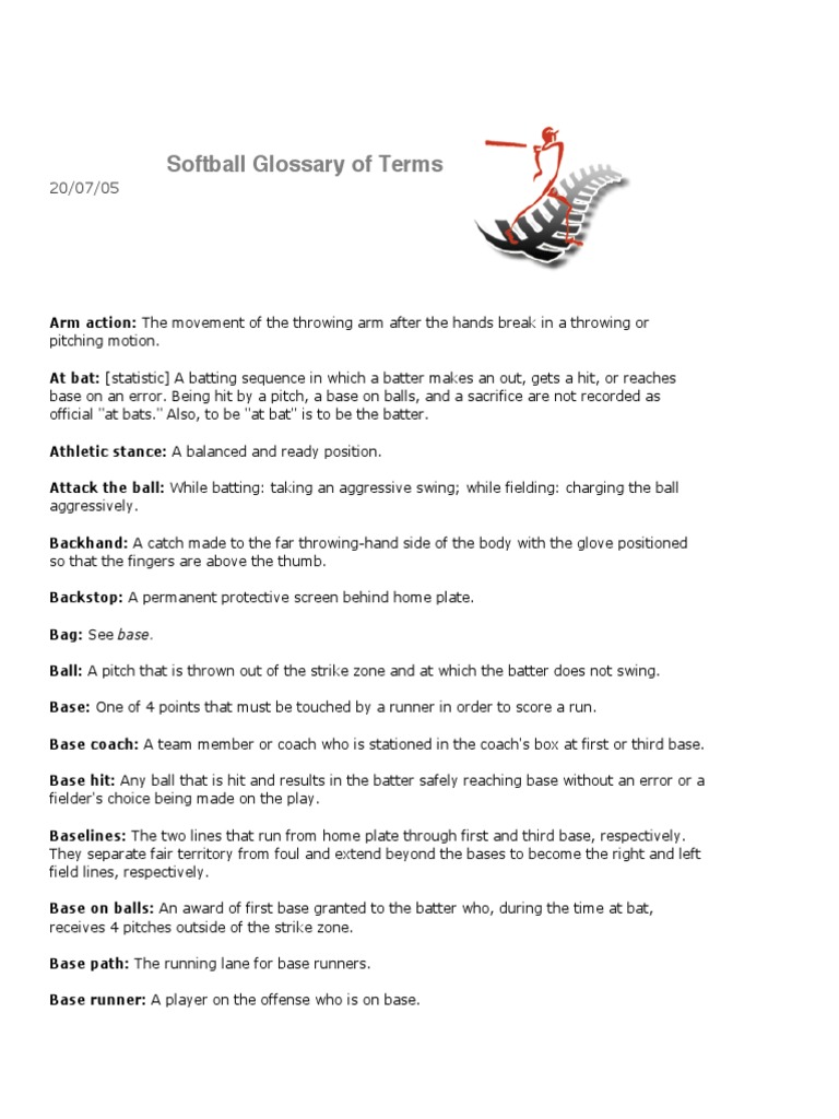 Softball Glossary of Terms PDF Baseball Field Pitcher