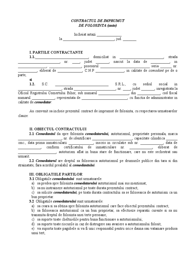 Model - Contract de Comodat Masina Limba Romana Si Germana | PDF
