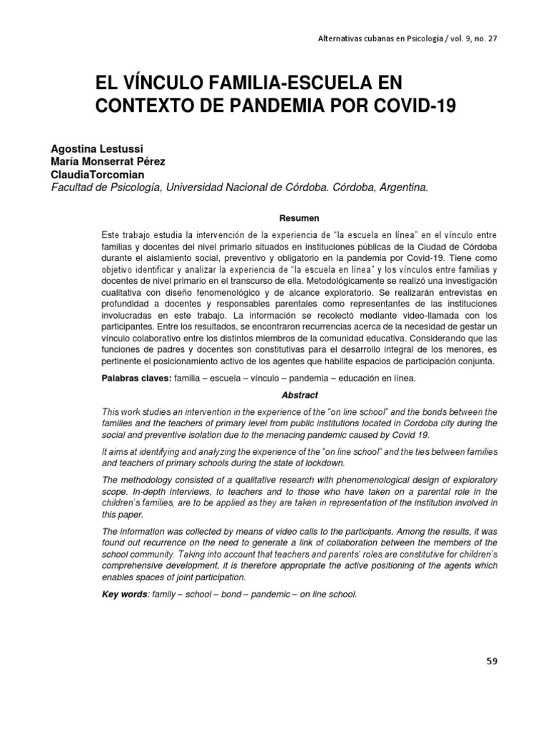 El Vínculo Familia-Escuela en El Contexto de Pandemia Por Covid 19 ...