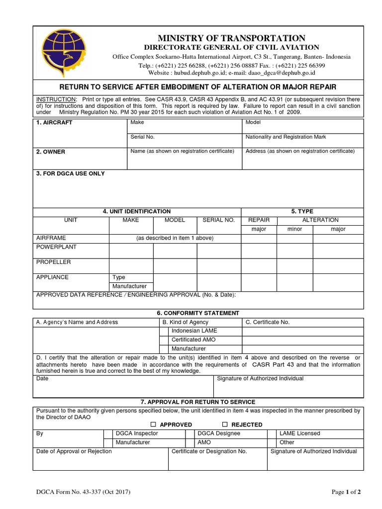 DGCA Form 43-337 RTS Embodiment of Alteration or Major Repair - Oct ...