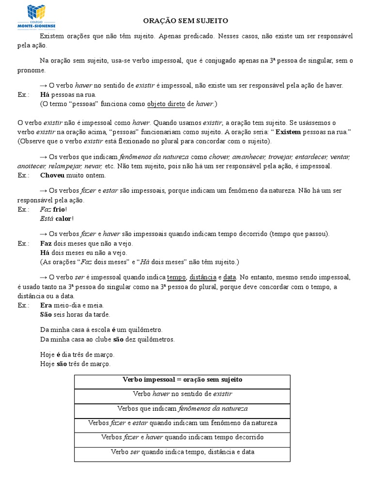 Oração Sem Sujeito | PDF | Assunto (gramática) | Mecânica da linguagem