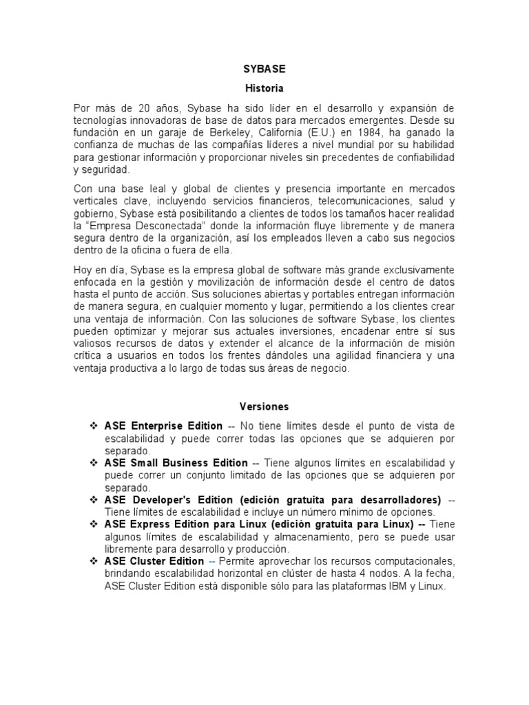 Sybase: Innovación en Bases de Datos | PDF | Escalabilidad | Bases de datos