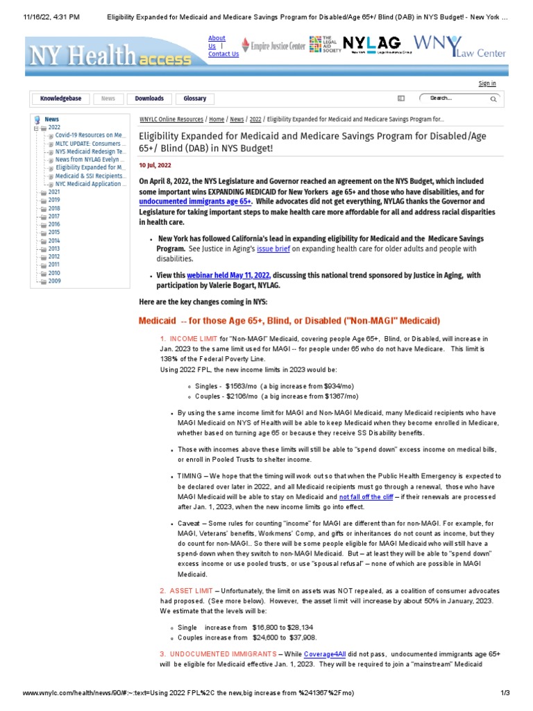 Medicaid and medicare savings program 65 new york health access
