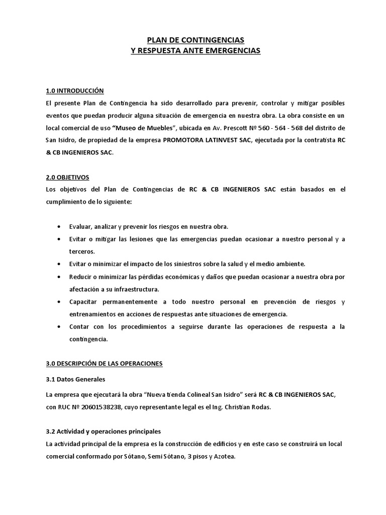 Plan de Contingencias y Respuesta Ante Emergencia 13.04.17 | PDF ...