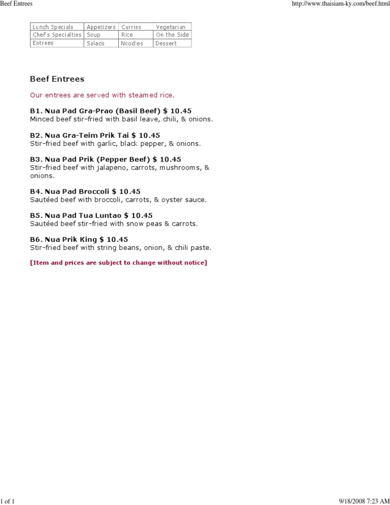 Delicious Beef Entrees Menu | PDF