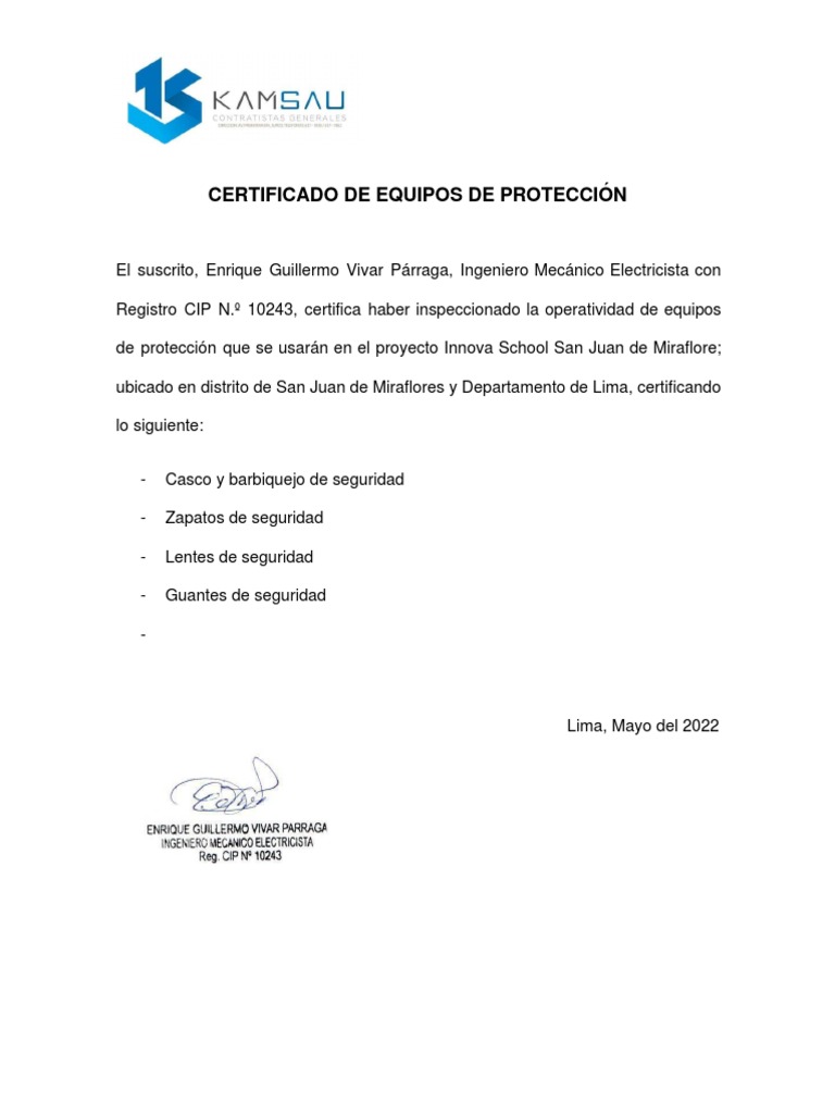 Certificado de Equipos de Protección - Innova | PDF