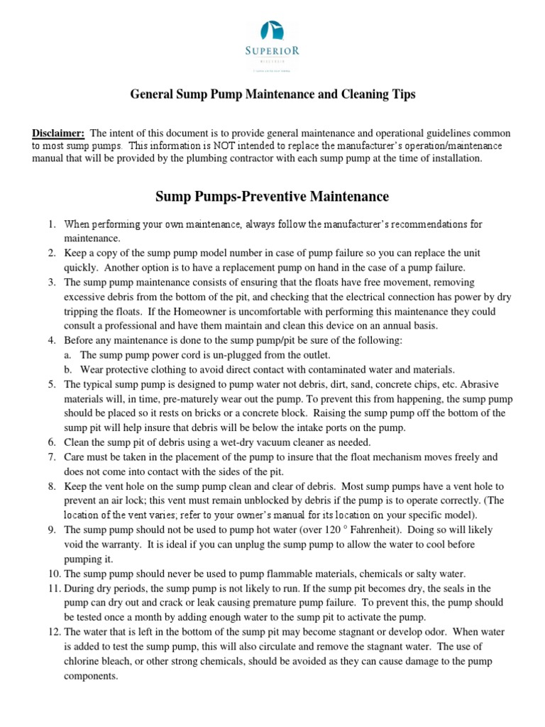 General Sump Pump Maintenance and Cleaning Tips PDF Pump Equipment