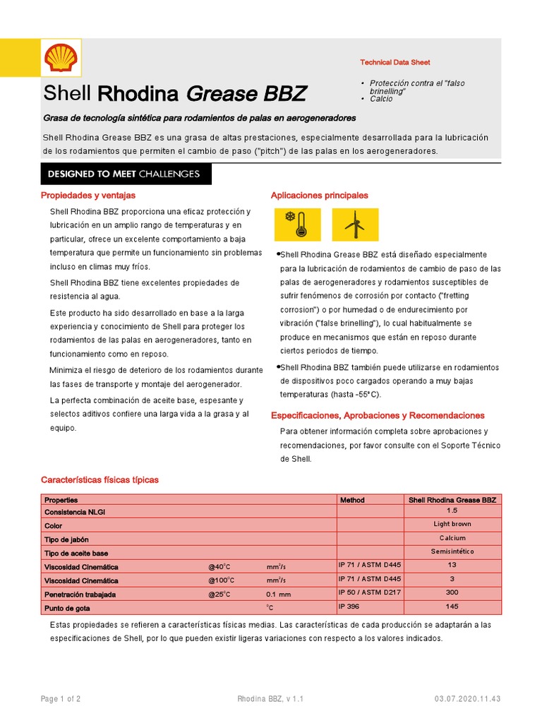 Grasa Shell Rhodina BBZ para Aerogeneradores | PDF | Lubricante | Química