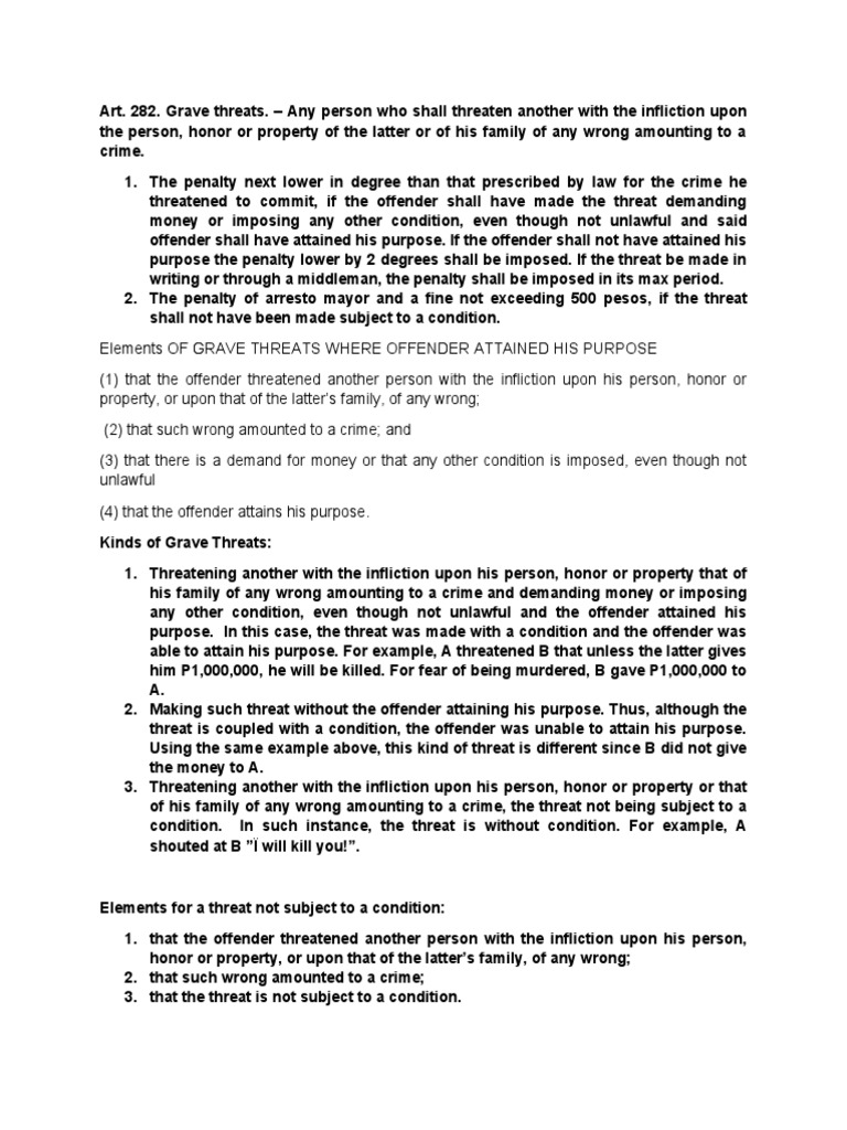 Grave Threats Under Article 282 RPC | PDF | Crimes | Crime & Violence