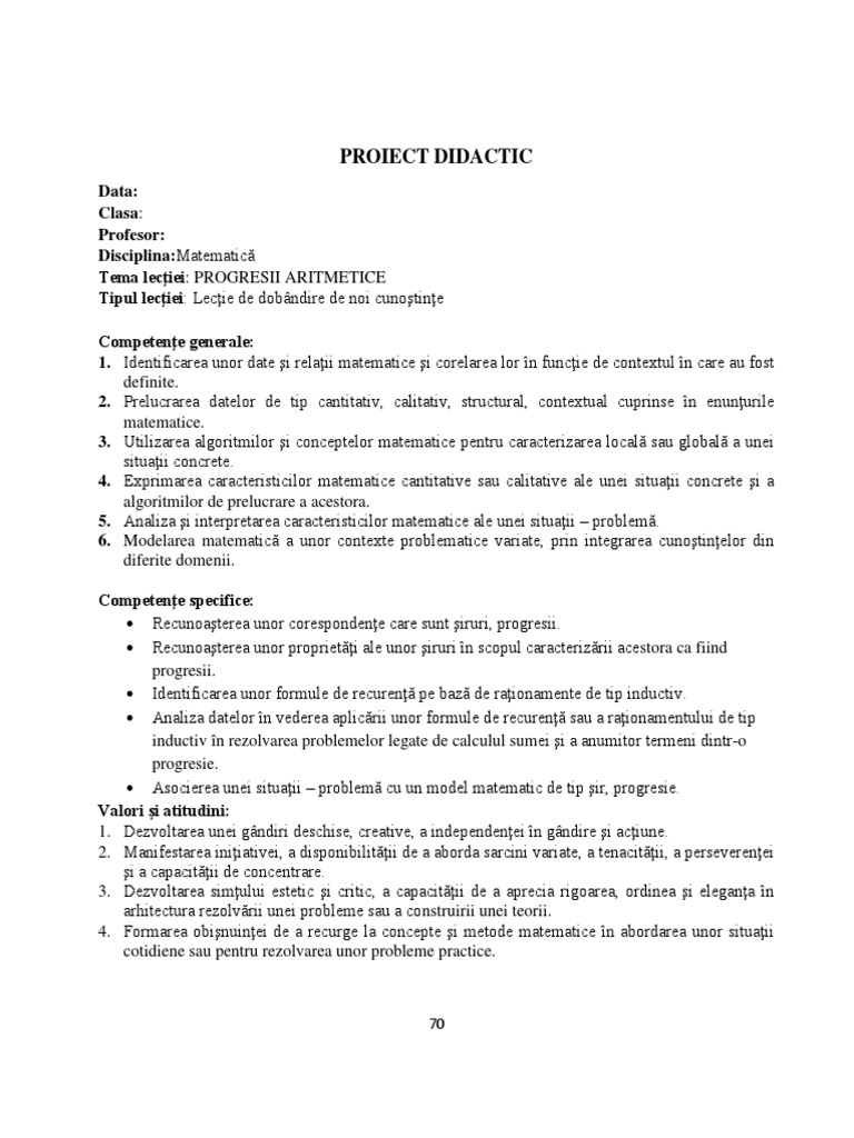 Model Proiect Didactic - Progresii Artimetice | PDF