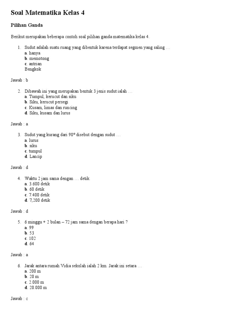 Soal Matematika Kelas 4 Semester 1 | PDF