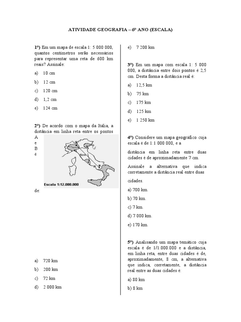Atividade Geografia - 6° Ano - Escala | PDF | Geociências