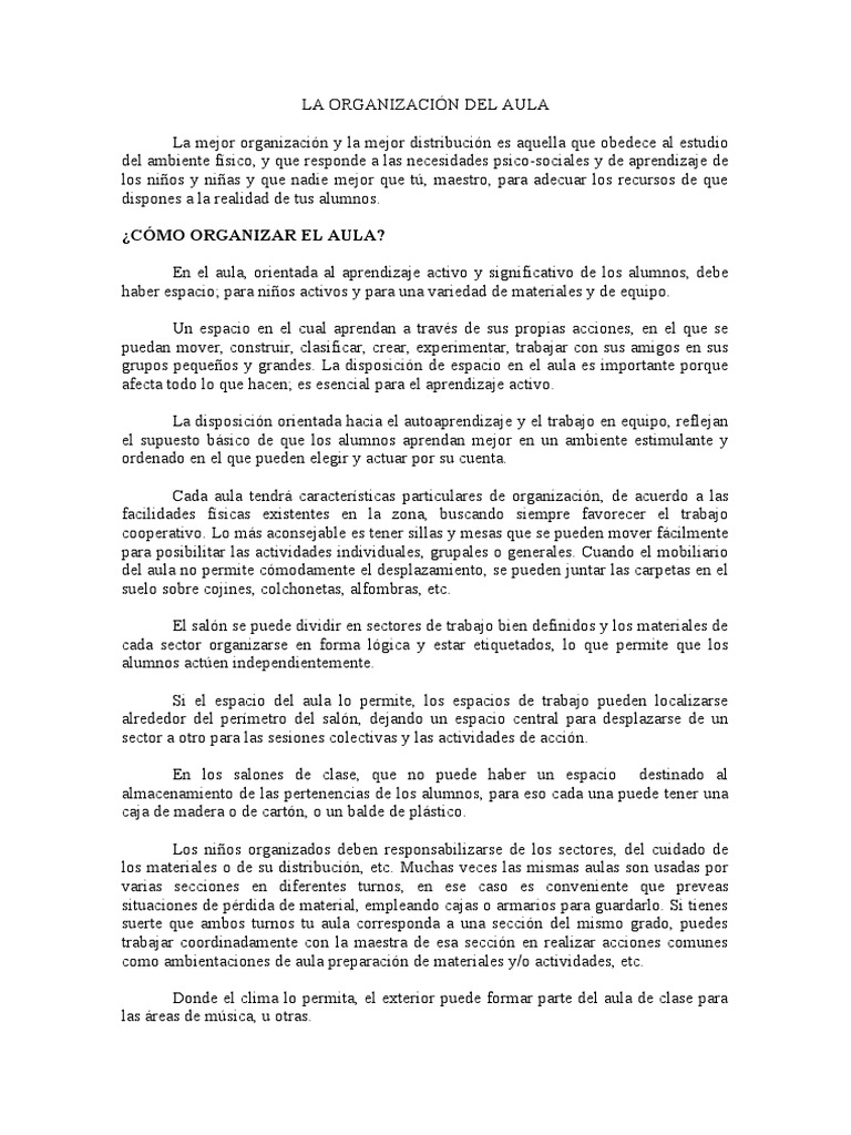 LA ORGANIZACIÓN DEL AULA | PDF | Salón de clases | Aprendizaje