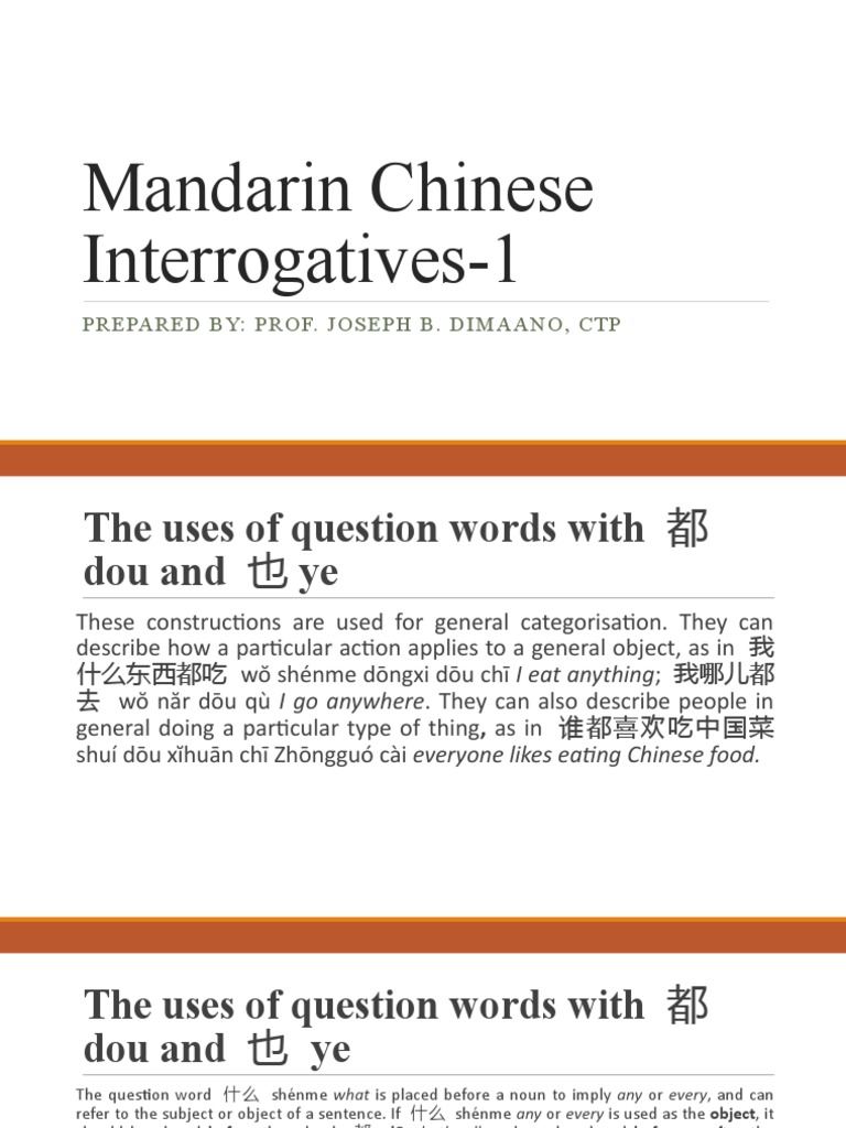 Mandarin Chinese Interrogatives1 PDF Subject (Grammar) Verb