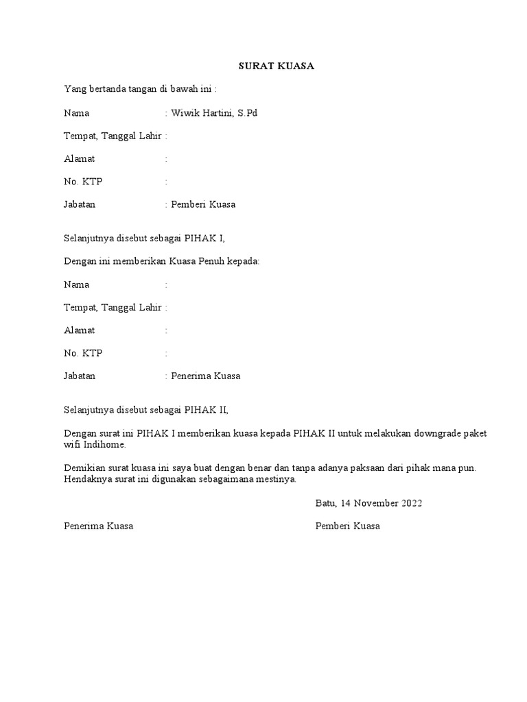 Surat Kuasa Upgrade Indihome PDF