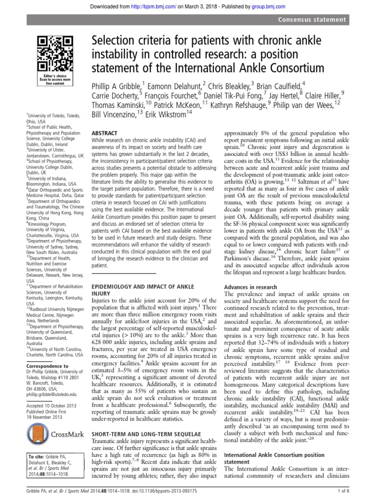 Selection Criteria For Patients With Chronic Ankle PDF Physical