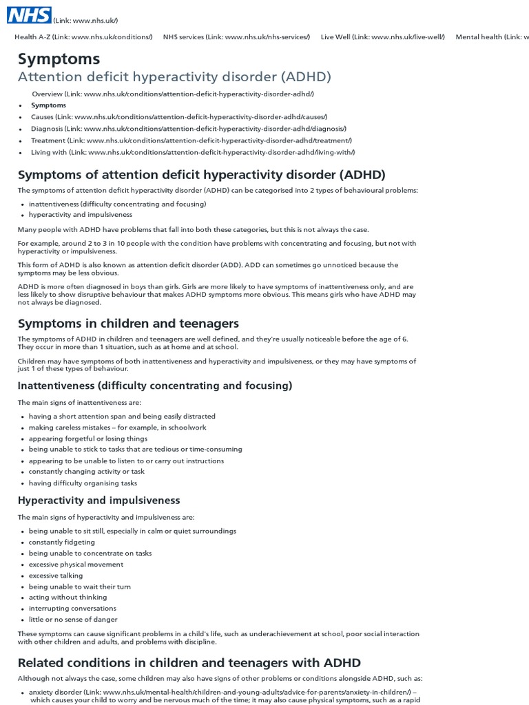 Attention deficit hyperactivity disorder (ADHD) Symptoms NHS PDF Attention Deficit
