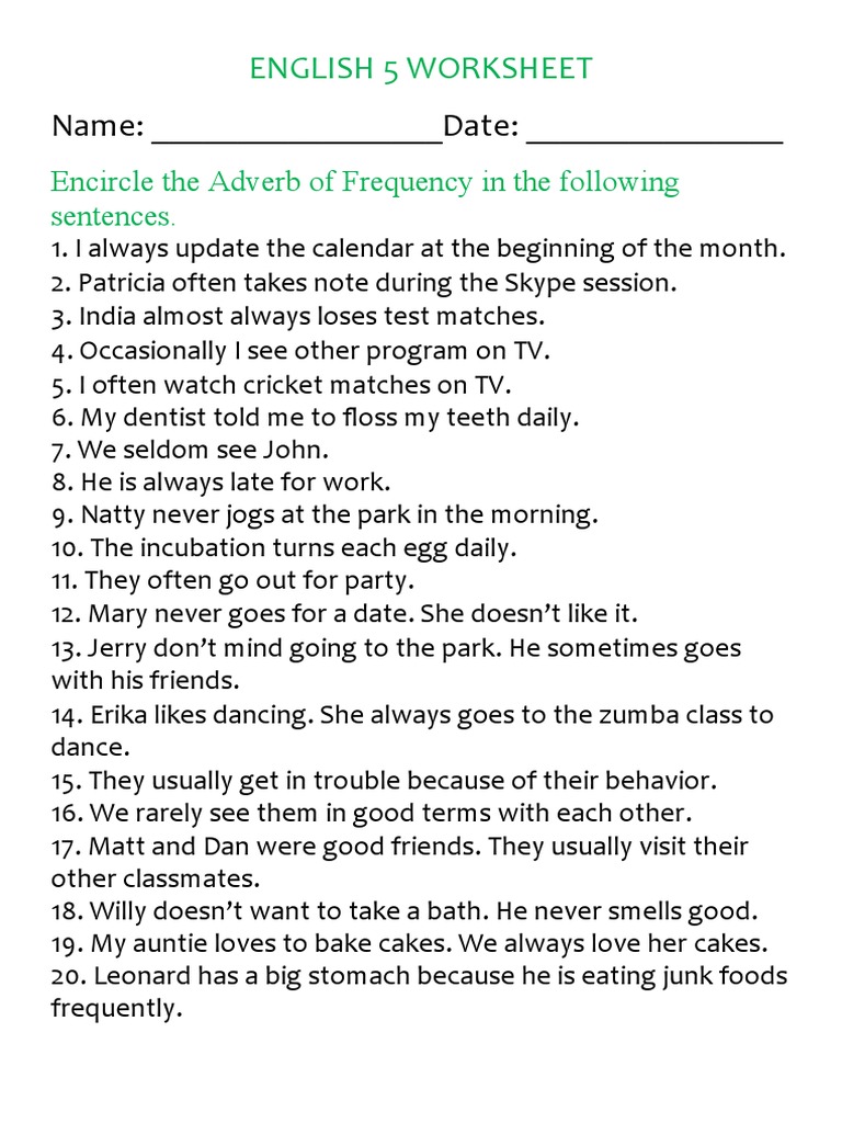 Adverbs of Frequency Worksheet for Grade 5 | PDF | Language Arts ...