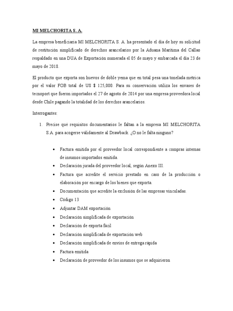 Requisitos y Beneficios de Drawback para MI MELCHORITA S.A. | PDF ...