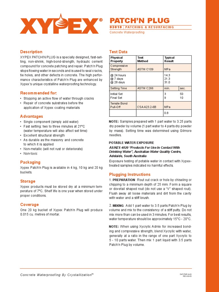 Xypex Patch n Plug 2013 PDF Concrete Water