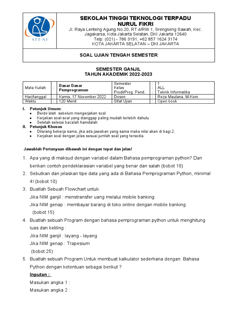Soal Ujian Pemrograman Python 2022 | PDF